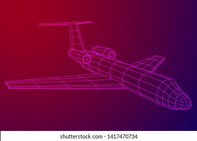 Private Jet Plane Abstract polygonal wireframe business luxury twin engine airplane. Travel aircraft, tourism and vacation concept. Wireframe low poly mesh vector illustration