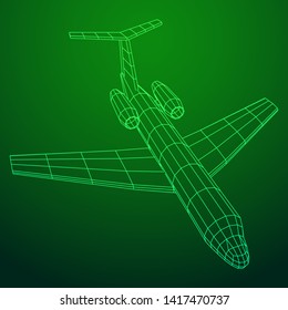 Private Jet Plane Abstract polygonal wireframe business luxury twin engine airplane. Travel aircraft, tourism and vacation concept. Wireframe low poly mesh vector illustration
