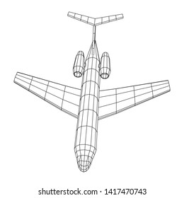 Private Jet Plane Abstract polygonal wireframe business luxury twin engine airplane. Travel aircraft, tourism and vacation concept. Wireframe low poly mesh vector illustration
