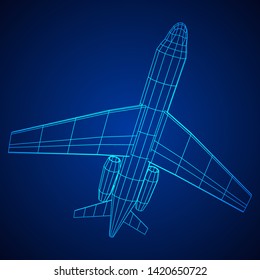 Private Jet Plane Abstract polygonal wireframe business luxury twin engine airplane. Travel aircraft, tourism and vacation concept. Wireframe low poly mesh vector illustration