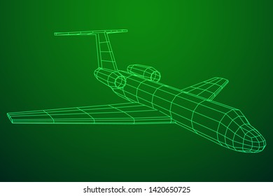 Private Jet Plane Abstract polygonal wireframe business luxury twin engine airplane. Travel aircraft, tourism and vacation concept. Wireframe low poly mesh vector illustration