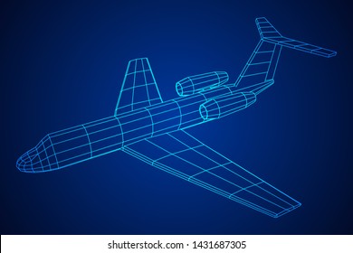Private Jet Plane Abstract polygonal wireframe business luxury twin engine airplane. Travel aircraft, tourism and vacation concept. Wireframe low poly mesh vector illustration