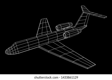 Private Jet Plane Abstract polygonal wireframe business luxury twin engine airplane. Travel aircraft, tourism and vacation concept. Wireframe low poly mesh vector illustration