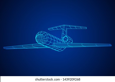 Private Jet Plane Abstract polygonal wireframe business luxury twin engine airplane. Travel aircraft, tourism and vacation concept. Wireframe low poly mesh vector illustration