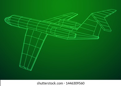 Private Jet Plane Abstract polygonal wireframe business luxury twin engine airplane. Travel aircraft, tourism and vacation concept. Wireframe low poly mesh vector illustration