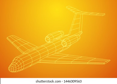 Private Jet Plane Abstract polygonal wireframe business luxury twin engine airplane. Travel aircraft, tourism and vacation concept. Wireframe low poly mesh vector illustration