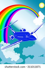 Private jet plane, with cloudy sky and rainbow on background, vector illustration