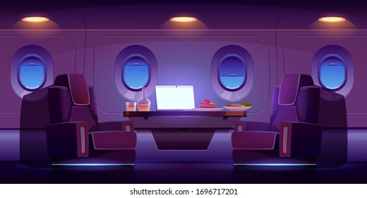 Private jet plane interior, luxury airplane cabin inside view with cozy seats, table, laptop, meal and alcohol drink. Illuminated dark business class empty salon aisle, Cartoon vector illustration