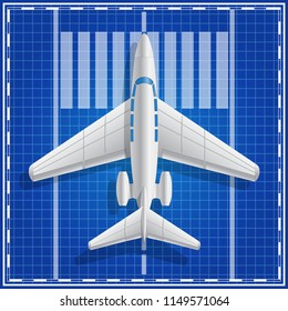 Private jet plane on takeoff. View from above. Vector illustration.