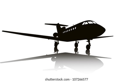 Private Jet Plane Silhouette With Reflection. Separate Layers