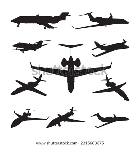 private jet silhouette set collection isolated black on white background vector illustration