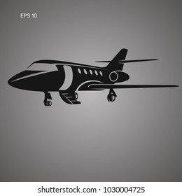 Private Jet Vector Icon. Business Jet Illustration. Luxury Twin Engine Plane Standing On The Ground