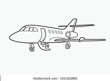 Private jet vector icon. Business jet illustration line art. Luxury twin engine plane standing on the ground