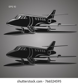 Private jet vector icon. Business jet illustration. Luxury twin engine plane standing on the ground