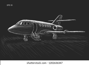 Private jet vector sketch. Business jet illustration hand drawn. Luxury twin engine plane standing on the ground. Chalk style