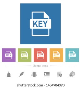 Private key file of SSL certification flat white icons in square backgrounds. 6 bonus icons included.