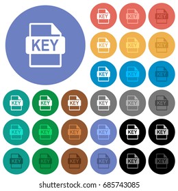 Private key file of SSL certification multi colored flat icons on round backgrounds. Included white, light and dark icon variations for hover and active status effects, and bonus shades.