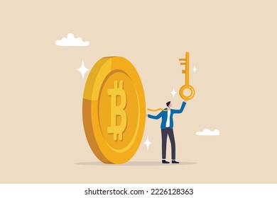 Private key or hardware wallet to store cryptocurrency or Bitcoin, security password or safety protection for crypto currency concept, confidence businessman investor holding private key with Bitcoin. svg