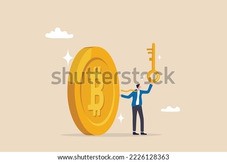 Private key or hardware wallet to store cryptocurrency or Bitcoin, security password or safety protection for crypto currency concept, confidence businessman investor holding private key with Bitcoin.