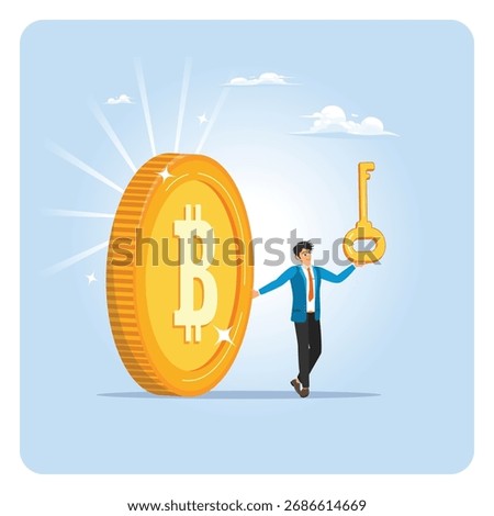 Private key or hardware wallet to store crypto currency or Bitcoin. Businessman investor holding private key with Bitcoin.