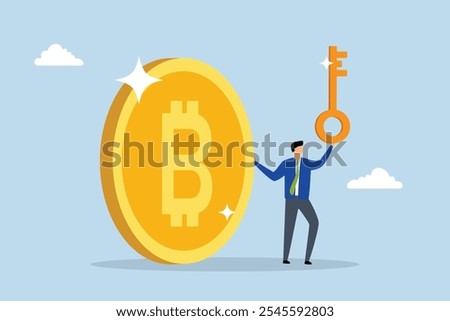 Private key to store Bitcoin, businessman financier possessing private key with Bitcoin. 