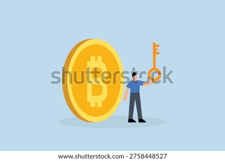 Private key to store Bitcoin, businessman financier possessing private key with Bitcoin
