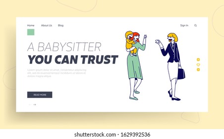 Private Kindergarten Service for Busy Parents Website Landing Page. Young Woman Mother Leaving her Baby to Babysitter, Nursery Profession Web Page Banner. Cartoon Flat Vector Illustration, Line Art