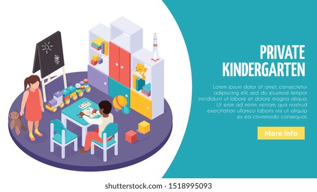 Private kindergarten small classroom interior with individual play learning activities combination isometric web page banner vector illustration 