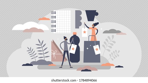 Private Label Print On Products As Brand Logo Marketing Flat Tiny Person Concept. Your Business Identity On Souvenir Elements Vector Illustration. Custom Branding Design And Creative Advertising Scene