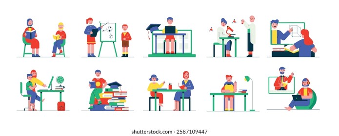 Private learning, homeschooling student activities with teachers. Design character. Vector flat illustration packs