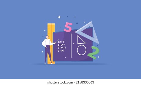 private lessons, courses, training in mathematics lessons. a teacher explains and teaches how to count on the blackboard. education. flat cartoon illustrations. vector concept design