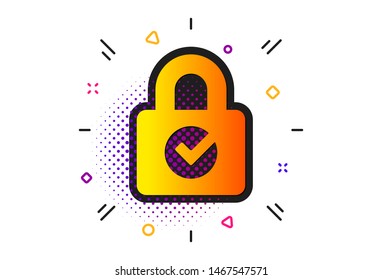 Private locker sign. Halftone circles pattern. Lock with Check icon. Password encryption symbol. Classic flat password encryption icon. Vector