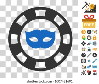 Private Mask Casino Chip icon with bonus bitcoin mining and blockchain clip art. Vector illustration style is flat iconic symbols. Designed for crypto-currency software.