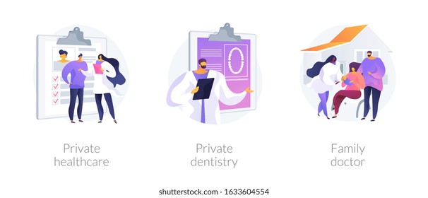 Private medical services abstract concept vector illustration set. Private healthcare, dentistry, family doctor practitioner. Non-governmental general medical treatment, primary care abstract metaphor