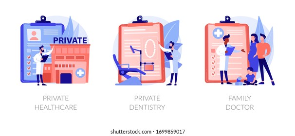 Private medical services abstract concept vector illustration set. Private healthcare, dentistry, family doctor practitioner. Non-governmental general medical treatment, primary care abstract metaphor