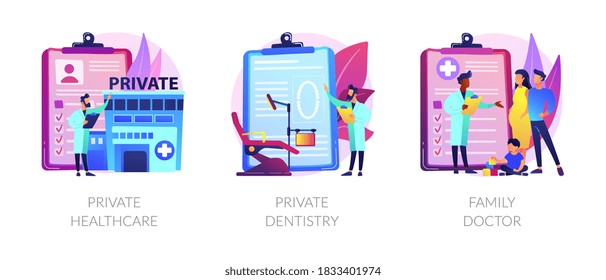 Private medical services abstract concept vector illustration set. Private healthcare, dentistry, family doctor practitioner. Non-governmental general medical treatment, primary care abstract metaphor