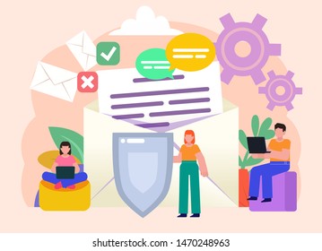 Private messages, email encryption, confidential information protection. Group of people stand near big envelope, letter, shield. Flat vector illustration. Poster for social media, web page, banner