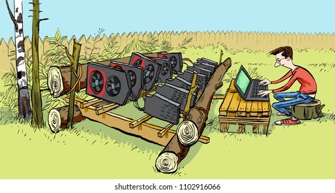 Private mining farm, Cryptocurrency concept with businessman miner. Man mining cryptocurrency