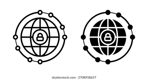 Conjunto de ícones da Rede privada. ilustração de um globo seguro com um cadeado, rodeado por uma rede conectada de pontos e linhas, representando a segurança global dos dados e a proteção da rede.