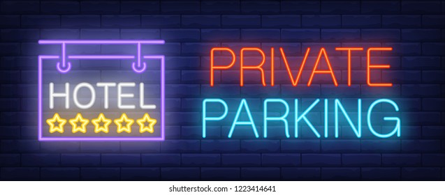 Private parking in hotel neon sign. Glowing inscription with outdoor hotel signboard with five stars on dark blue brick background. Can be used for hotel services, outdoor signs, hospitality