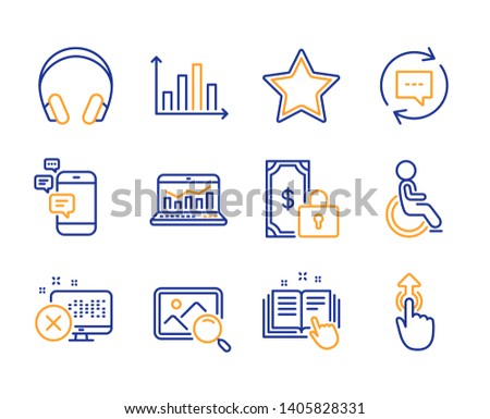 Private payment, Star and Web analytics icons simple set. Communication, Technical documentation and Diagram graph signs. Headphones, Disabled and Search photo symbols. Line private payment icon