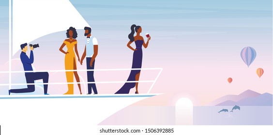 Private Photoshoot on Yacht Vector Illustration. Professional Photographer and African American Models Cartoon Characters. Young Man and Women in Fashionable Clothing. Luxurious Outdoor Recreation