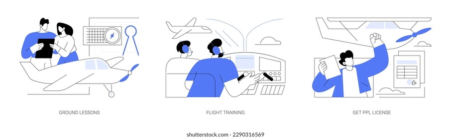 Conjunto de ilustraciones vectoriales conceptuales abstractas de cursos piloto privados. Clases en tierra, instructor de la escuela de entrenamiento de vuelo, pases a bordo y obtienes licencia PPL, metáfora abstracta de la industria de la aviación.