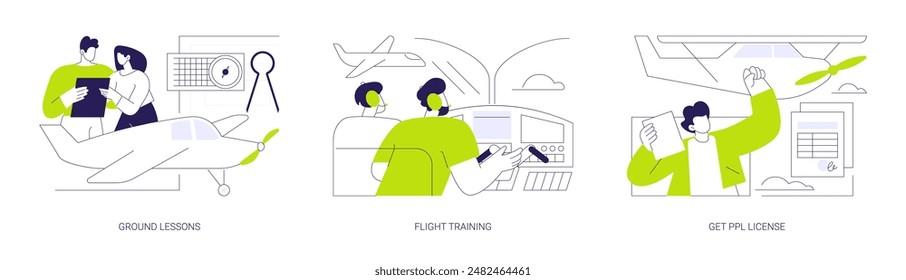 Private pilot courses abstract concept vector illustration set. Ground lessons, flight training school instructor, pass checkride and get PPL license, aviation industry abstract metaphor.