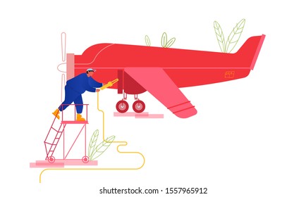 Private Plane Inspection and Fueling before Flight. Mechanic Stand on Ladder Pouring Fuel into Airplane Gas Tank. Maintenance of Retro Aircraft with Propeller Engine. Cartoon Flat Vector Illustration