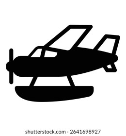 Private plane with water landing solid icon, tropical voyage concept. Vector graphics. Hydroplane with pillow pair sign on white background, style mobile or design