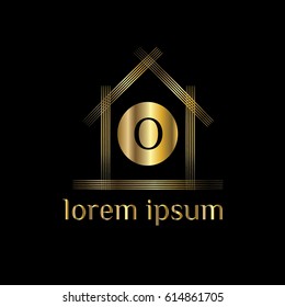 Private properties vector logo. Letter O home sign. Golden house illustration