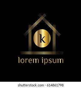 Private properties vector logo. Letter K home sign. Golden house illustration