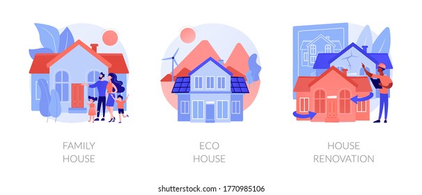 Private Property And Construction Service Abstract Concept Vector Illustration Set. Family Home, Eco House Listing, Single-family Detached House Renovation, Environmentally Friendly Abstract Metaphor.