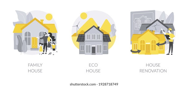 Conjunto de ilustraciones vectoriales abstractas de concepto de propiedad privada y servicios de construcción. Hogar familiar, listado de eco-casa, renovación de casa unifamiliar, metáfora abstracta y respetuosa con el medio ambiente.